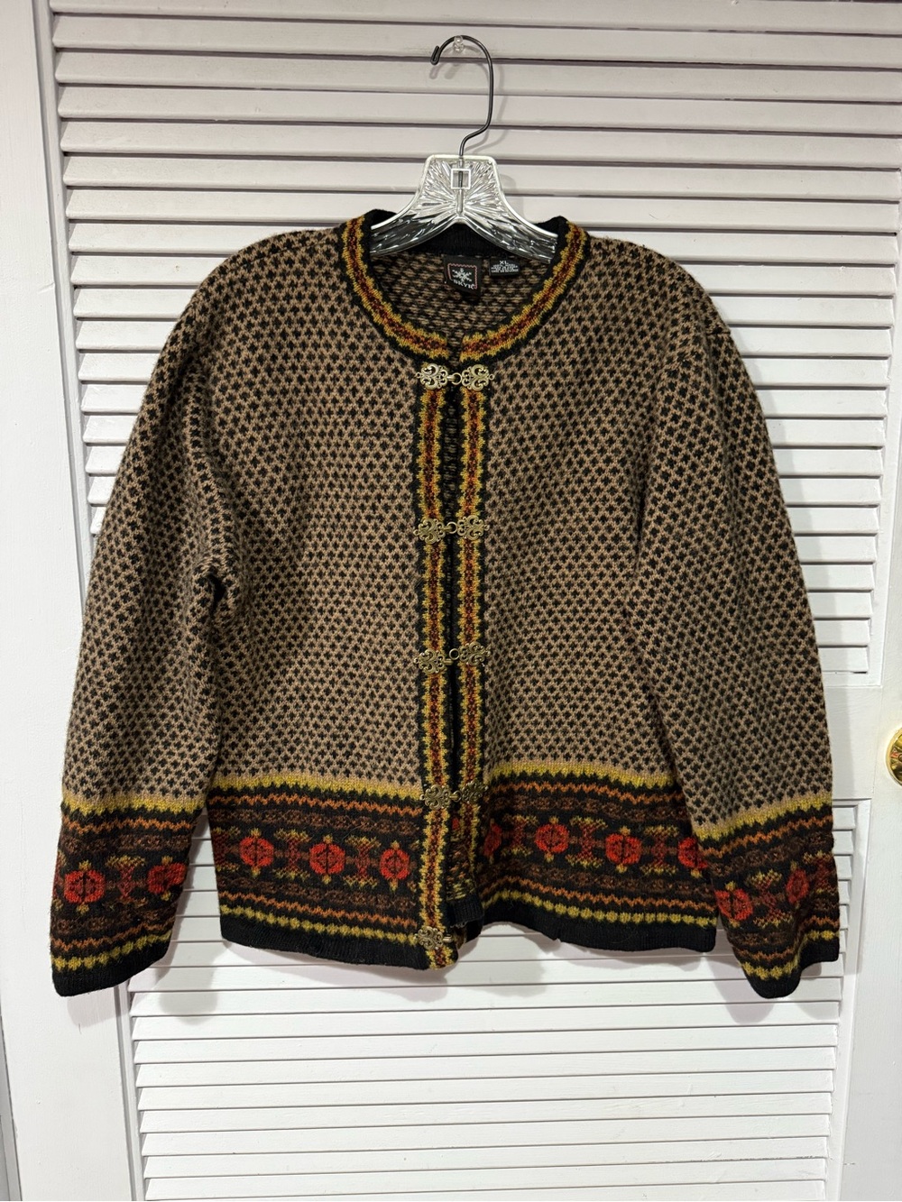 SKIR  Traditional Wool Knit Cardigan Sweater Brown with Multicolor Trim  XLarge